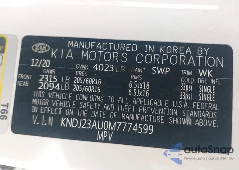 2021 Kia Soul Lx из США, поврежденный, VIN KNDJ23AU0M7774599